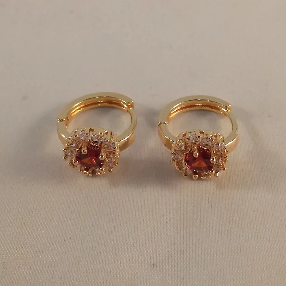 18K Yellow Gold Filled Flower Garnet Red Diamond Zircon Hoop Huggie Earrings